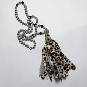 Long Beaded Tassel Necklace Leopard Fabric Pendant Gray Black Boho Statement
